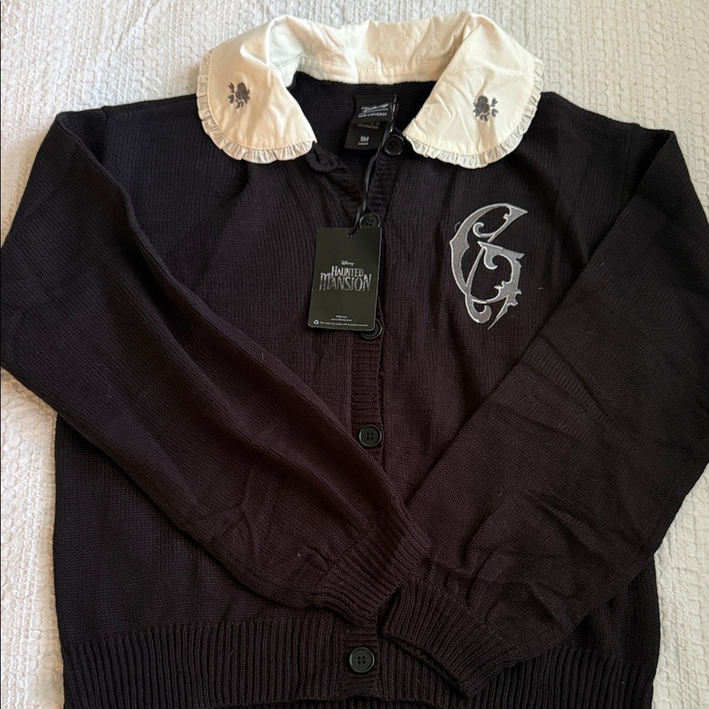 Her Universe Haunted Mansion Embroidered Black Cardigan with Cream Collar